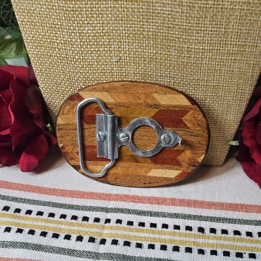 Vintage Handcrafted Wood Inlay Belt Buckle - Picture 2 of 5